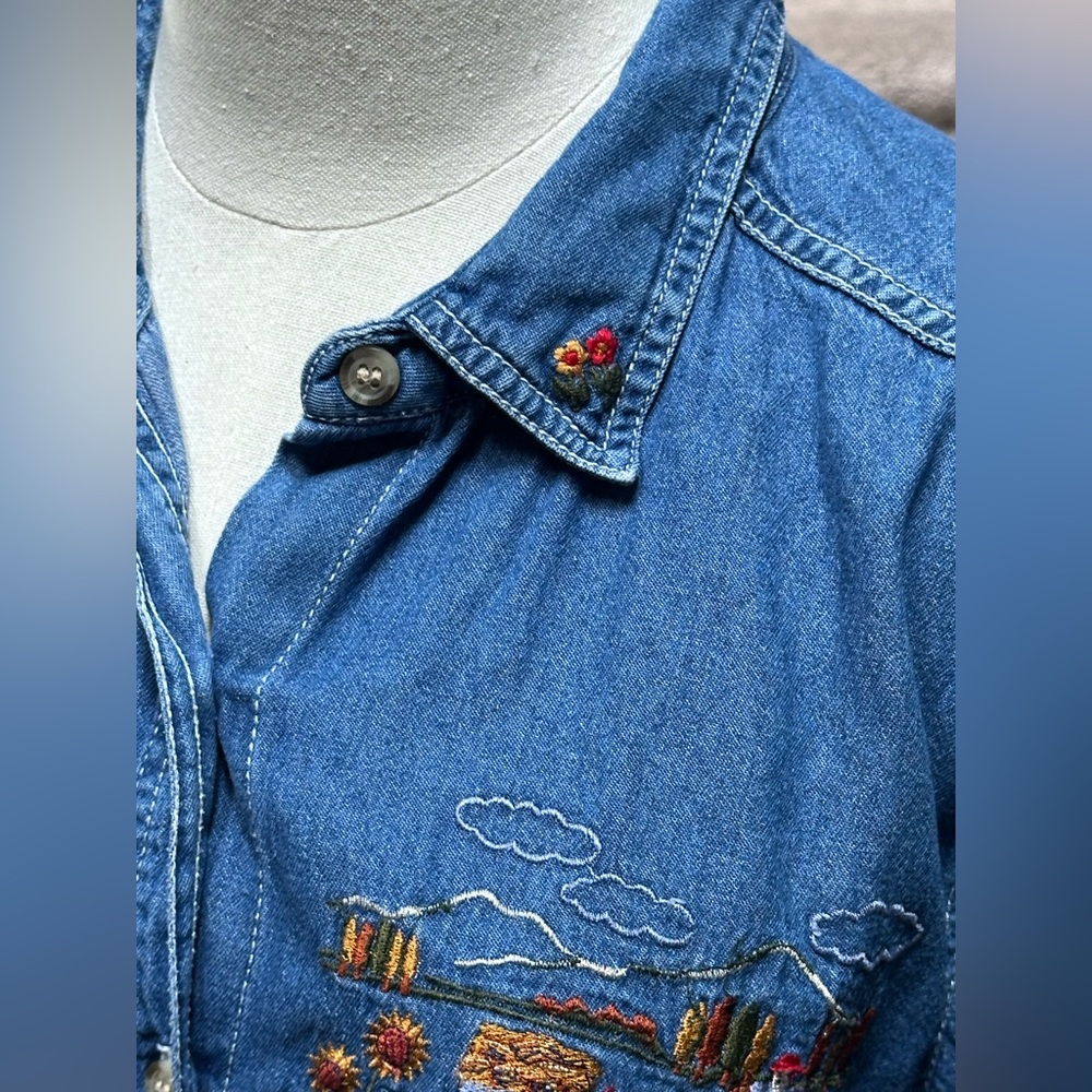 SOLD Vintage Y2K Bobbie Brooks Denim Fall Harvest Embroidered Button Women’s L - Picture 6 of 13